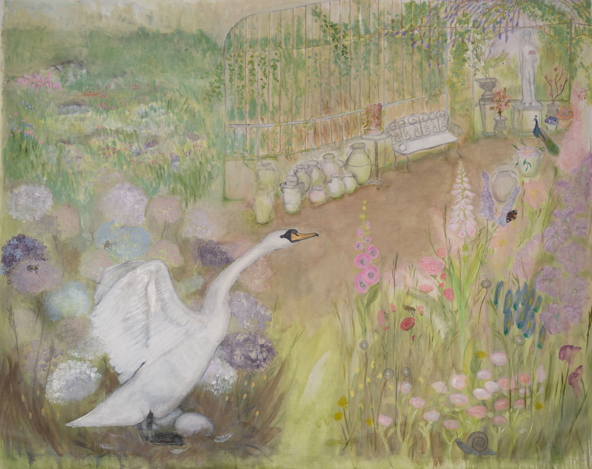 In the Garden of Sarasvati - 2023, Mixed media on linen, 160 x 208 cm (63 x 81 in)